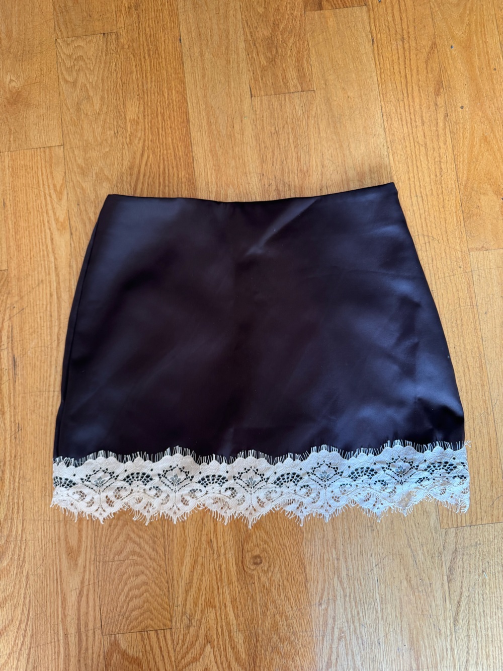 Zara NWT brown Satin Slip Skirt with Cream Lace Trim